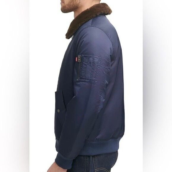 New LEVI'S Men's Large Flight Bomber Jacket Faux Fur Removable Collar Navy XL - Picture 3 of 11